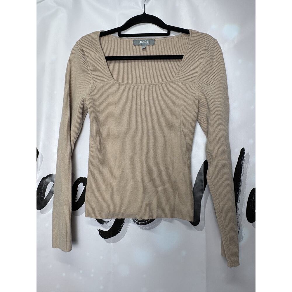 Marled by Reunited Ribbed Square Neck Long Sleeve Sweater Tan Large Basics Y2K